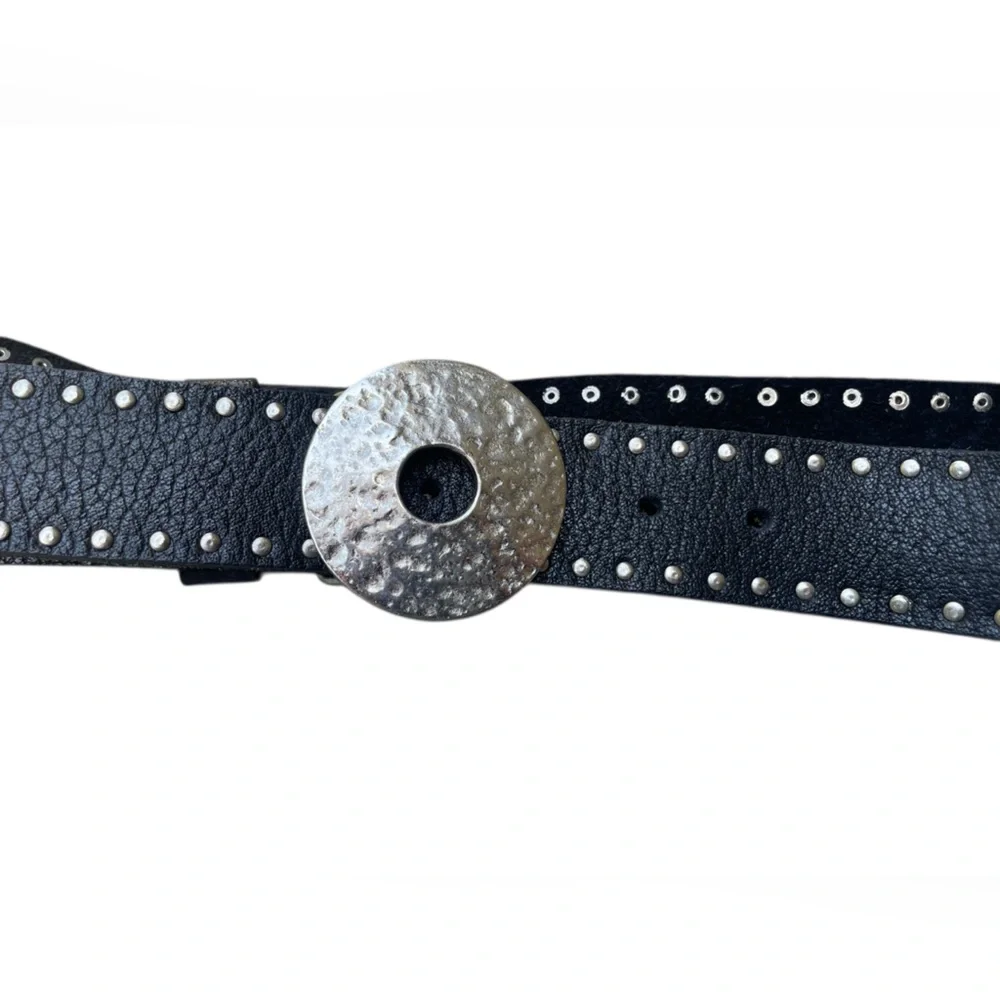 VTG ARTISAN CRAFTED Black Leather Hammered Wheel Double Rivet Leather Belt 32-36 - Picture 5 of 10